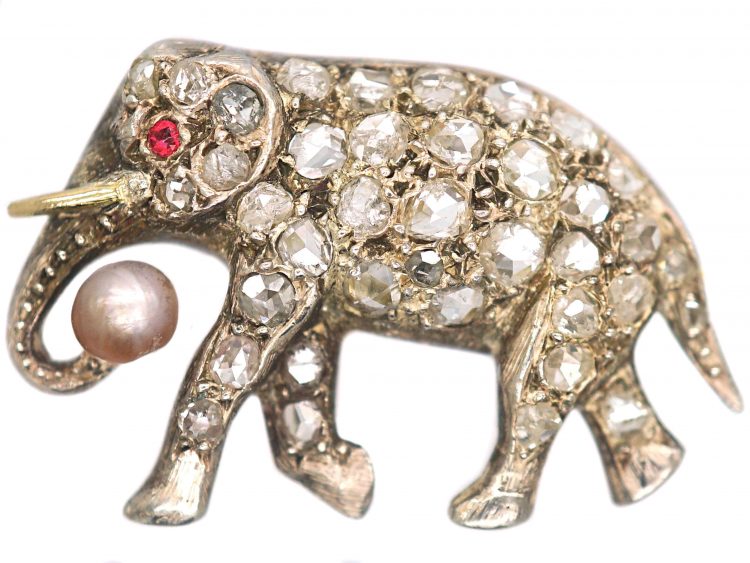 Edwardian Elephant Brooch set with Diamonds, Ruby & a Natural Pearl