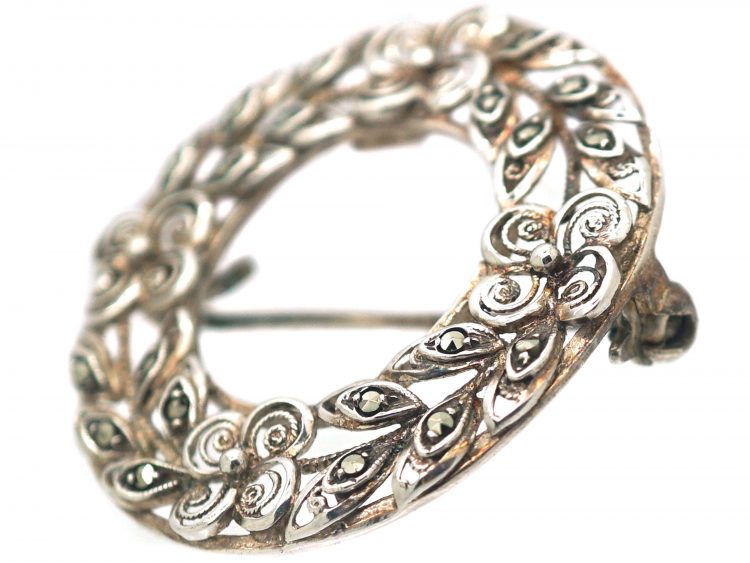 Silver & Marcasite Wreath Brooch with Flowers Motif