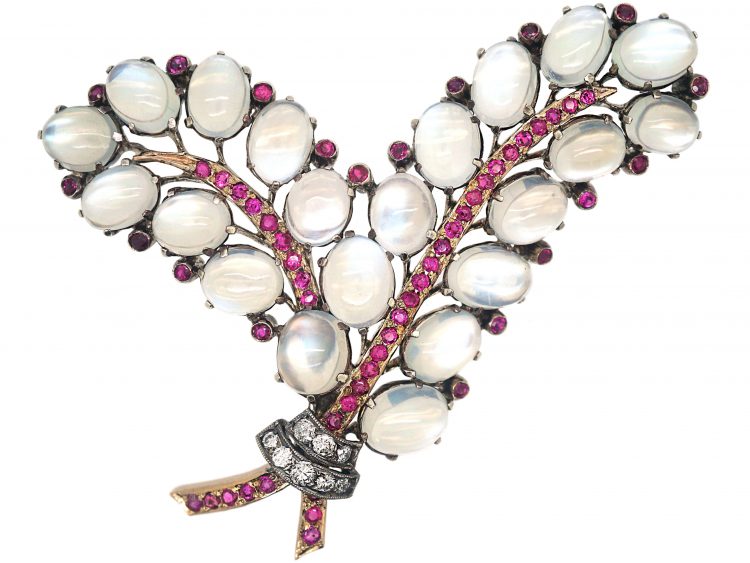 Retro 14ct White & Rose Gold, Moonstone, Diamond & Ruby Double Fern Leaf Brooch attributed to Trifari