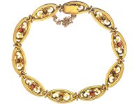 French Belle Epoque Three Colour 18ct Gold Bracelet set with Rubies & Natural Split Pearls
