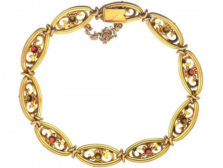 French Belle Epoque Three Colour 18ct Gold Bracelet set with Rubies & Natural Split Pearls
