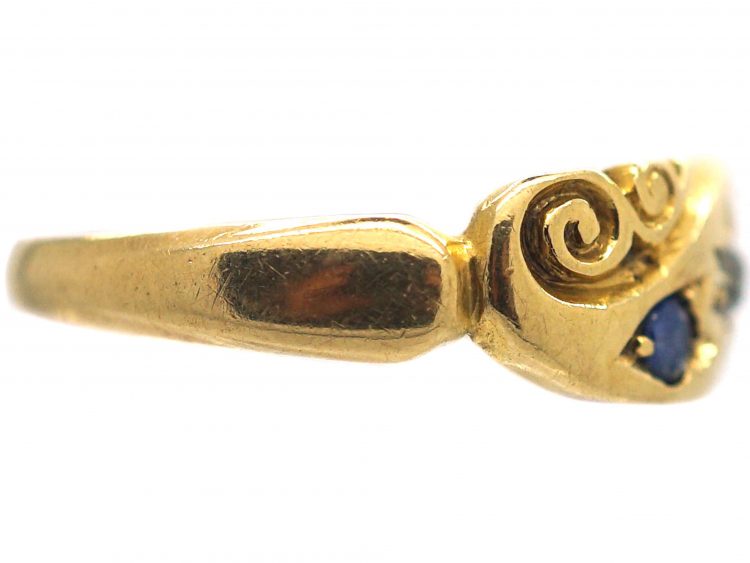 Edwardian 18ct Gold, Sapphire & Diamond Scroll Design Ring