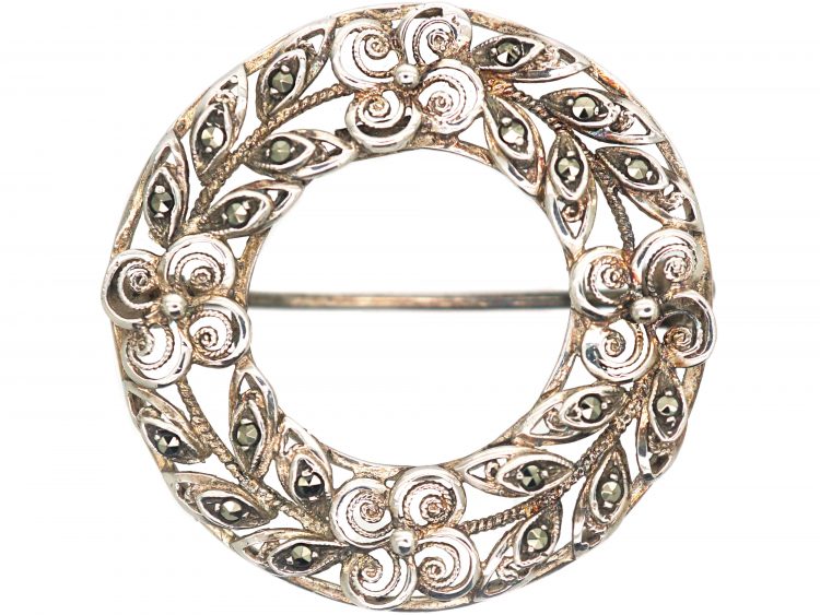 Silver & Marcasite Wreath Brooch with Flowers Motif