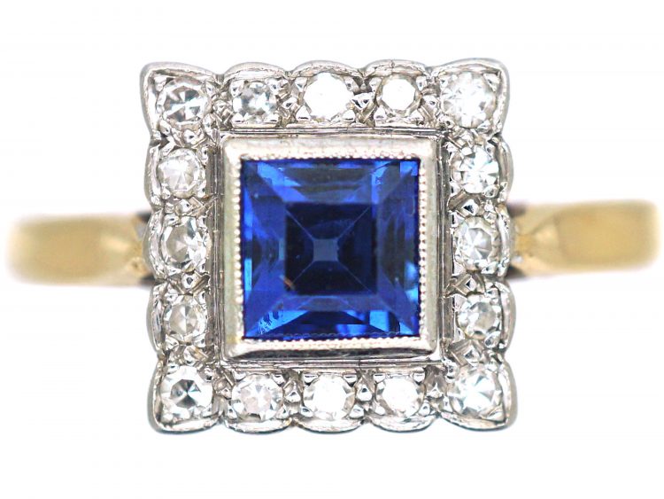 Art Deco 18ct Gold & Platinum, Sapphire & Diamond Square Shaped Ring