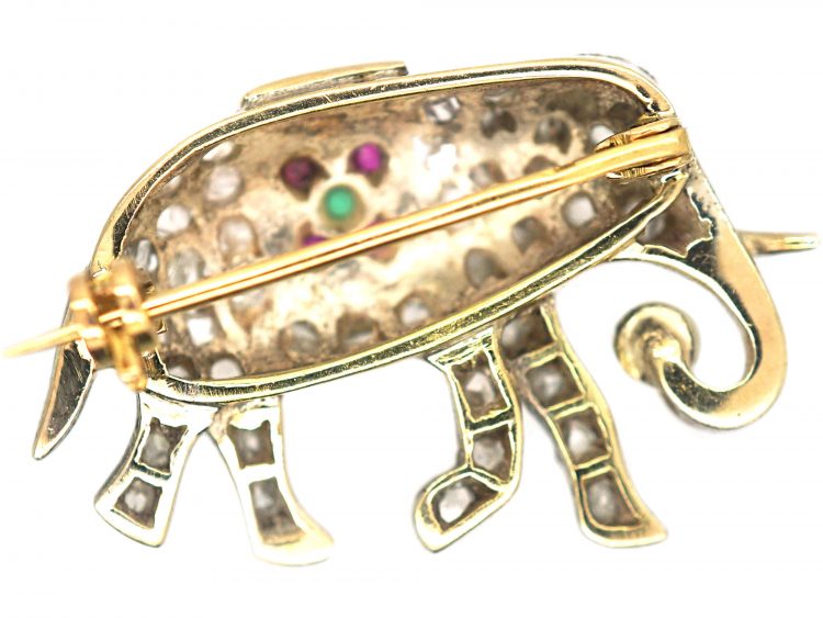 Edwardian Elephant Brooch set with Diamonds, Rubies, an Emerald & a Natural Pearl