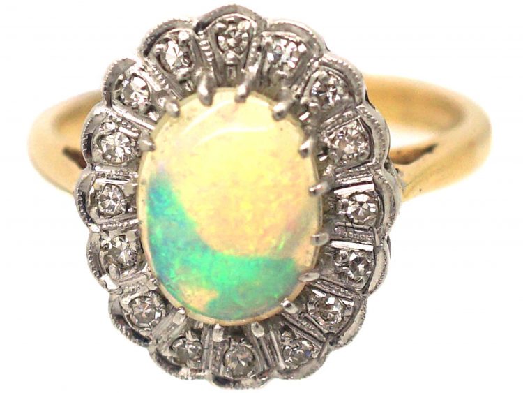 18ct Gold & Platinum Opal & Diamond Oval Cluster Ring