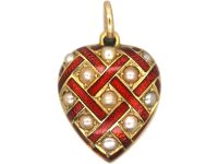 Edwardian 15ct Gold, Red Enamel & Natural Split Pearl Heart Pendant
