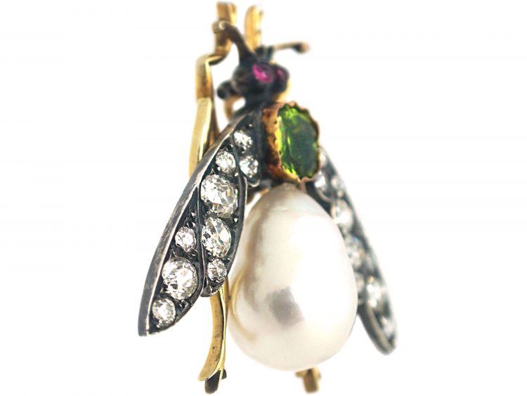 French Late 19th Century 18ct Gold & Silver, Diamond, Peridot & Pearl Bee Brooch with Ruby Eyes