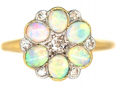 Edwardian 18ct Gold & Platinum, Opal & Diamond Flower Cluster Ring
