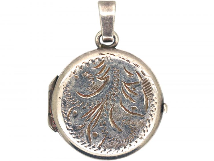 Silver Round Locket with Engraved Leaf Detail
