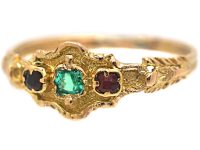 Regency 15ct Gold Emerald & Ruby Three Stone Ring with Ornate gold Decoration