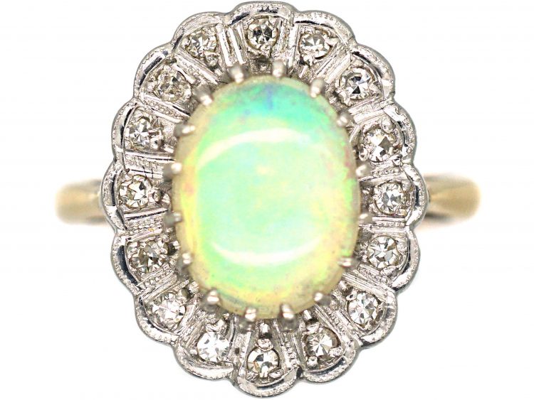18ct Gold & Platinum Opal & Diamond Oval Cluster Ring