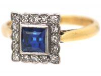 Art Deco 18ct Gold & Platinum, Sapphire & Diamond Square Shaped Ring