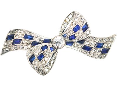 Art Deco 14ct Gold & Platinum, Sapphire & Diamond Bow Brooch by Pistol & Pulker