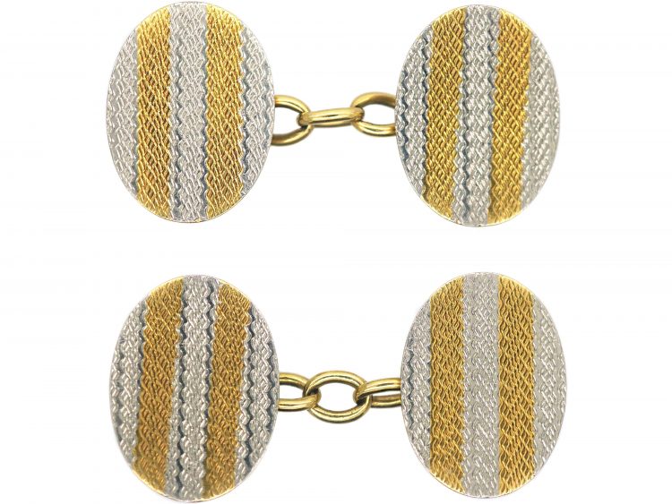 Art Deco 18ct Gold & Platinum Oval Cufflinks with Ripple Design