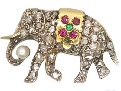 Edwardian Elephant Brooch set with Diamonds, Rubies, an Emerald & a Natural Pearl