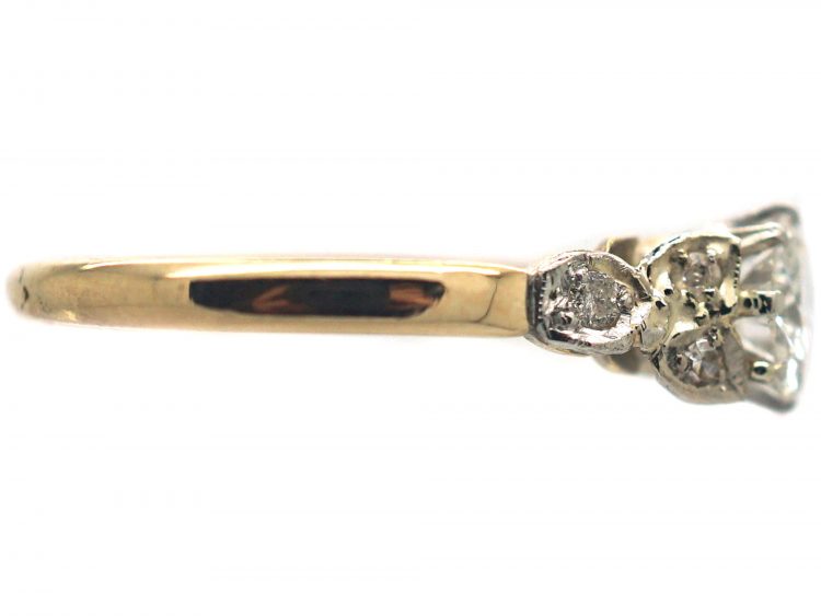 Art Deco 18ct Gold & Platinum, Diamond Solitaire Ring with Diamond Set Leaf Shoulders