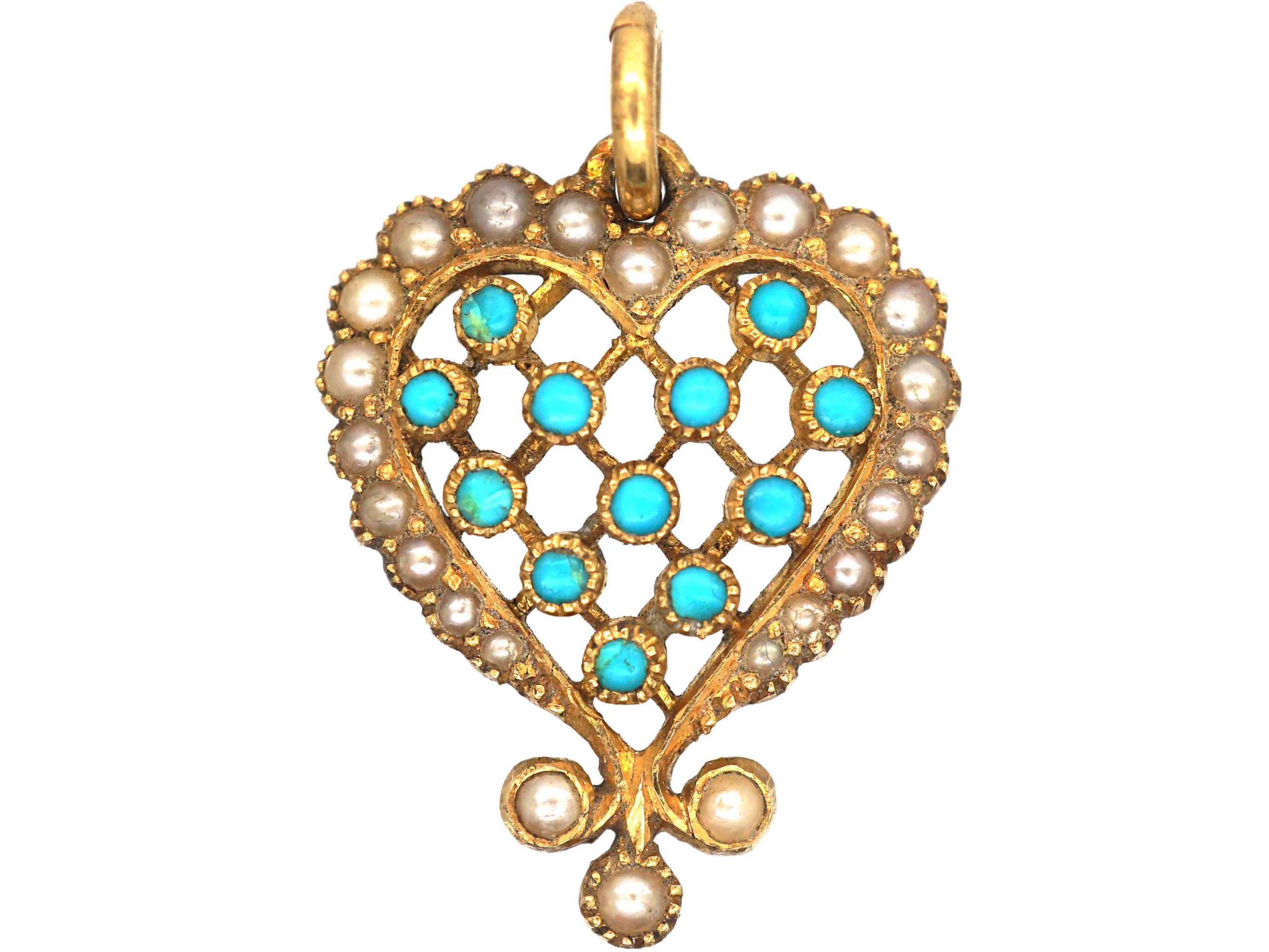 Edwardian 18ct Gold, Turquoise & Natural Split Pearl Heart Shaped Forget Me Not Pendant