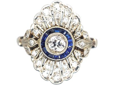 Art Deco Platinum, Sapphire & Diamond Target & Feather Style Ring