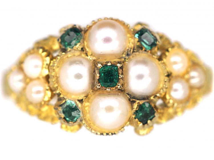 Regency 15ct Gold Natural Split Pearl & Emerald Cluster Ring with Natural Split Pearl Set Shoulders