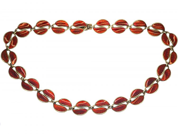 Silver & Red Enamel Double Leaf Necklace by David Andersen