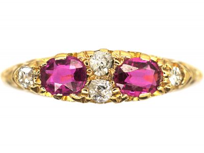 Edwardian 18ct Gold, Ruby & Diamond Narrow Boat Shaped Carved Half Hoop Ring