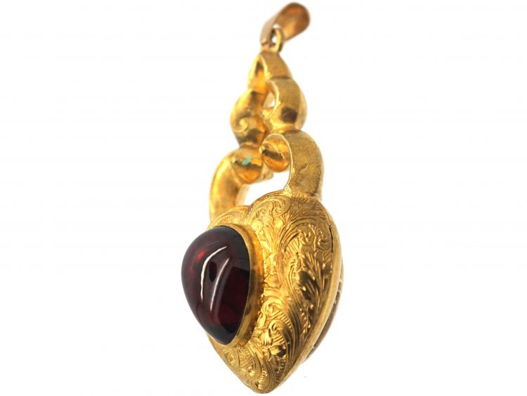 Victorian 15ct Gold Heart Shaped Pendant set with a Cabochon Garnet