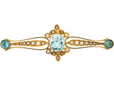 Edwardian 15ct Gold, Aquamarine & Natural Split Pearl Brooch