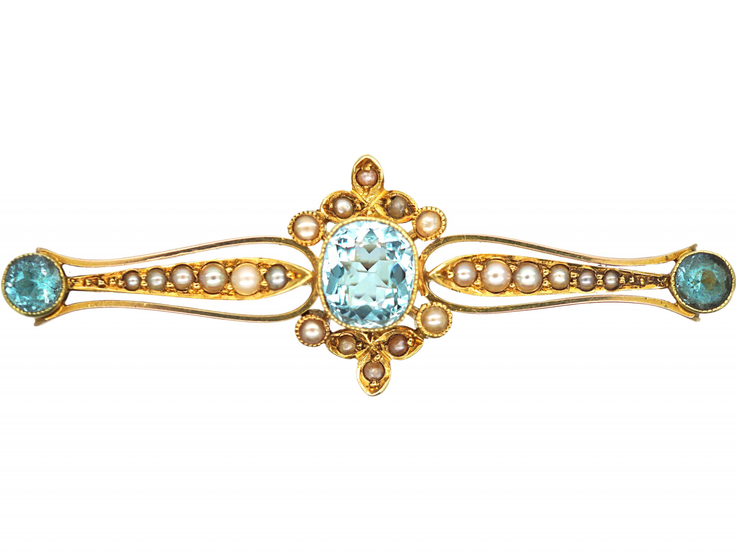 Edwardian 15ct Gold Aquamarine And Natural Split Pearl Brooch 597r The Antique Jewellery Company 9740