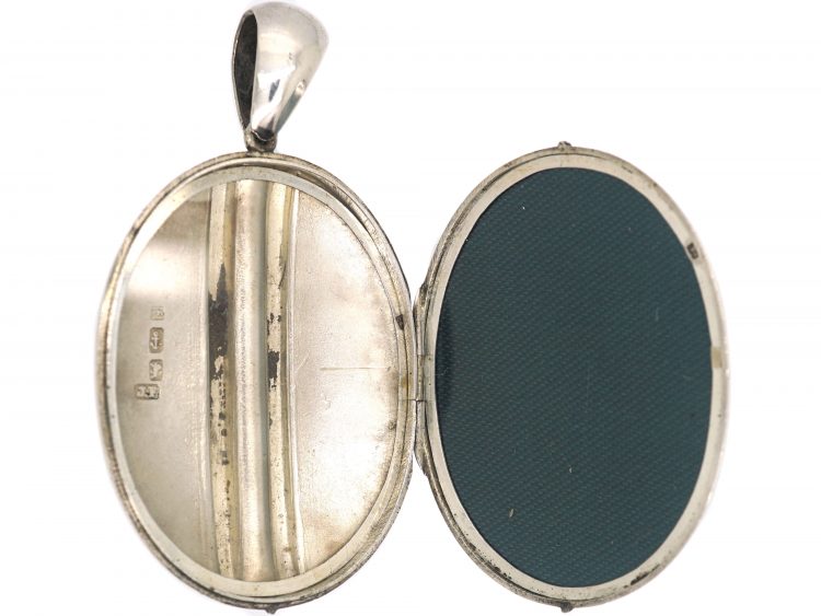 Victorian Silver Oval Shaped Locket with Double Banded & Engraved Detail