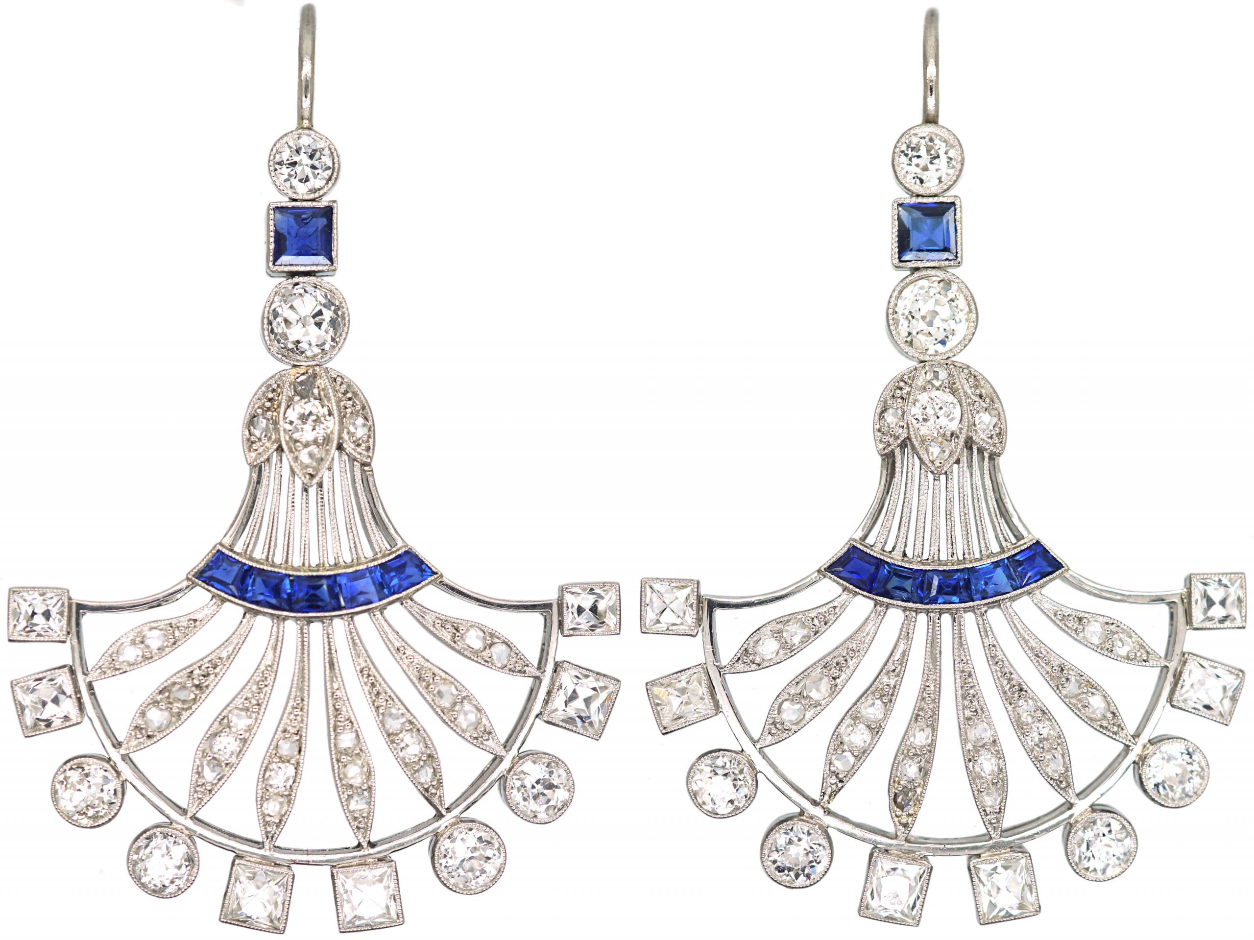 French Art Deco Platinum Fan Shaped Earrings set with Sapphires & Diamonds