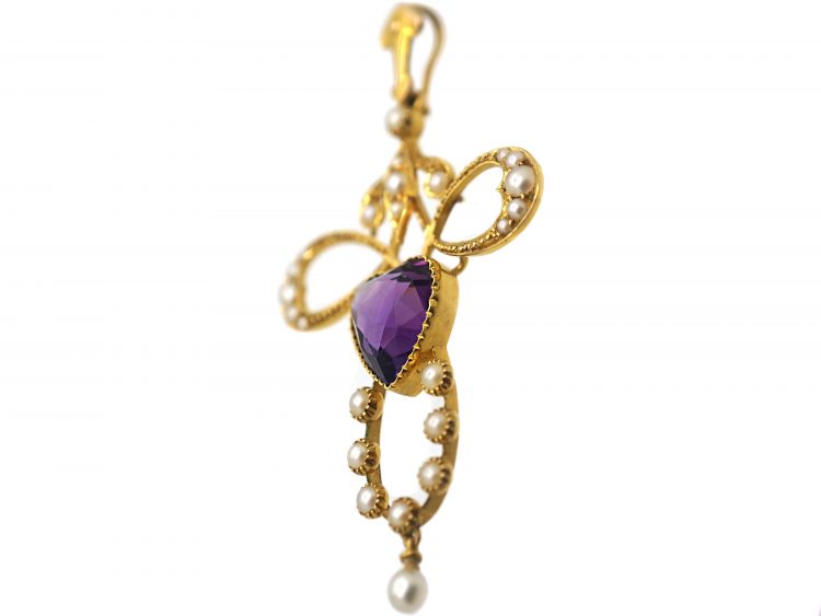 Edwardian 15ct Gold Pendant set with a Heart Shaped Amethyst & Natural Split Pearls in Original Case
