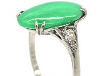 Art Deco 18ct White Gold & Platinum, Jade Ring with Diamond Set Shoulders