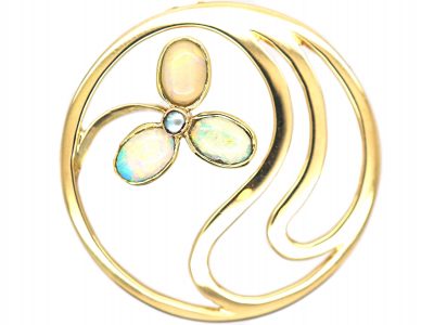 Art Nouveau 15ct Gold & Opal Flower Brooch by Murrle Bennett & Co