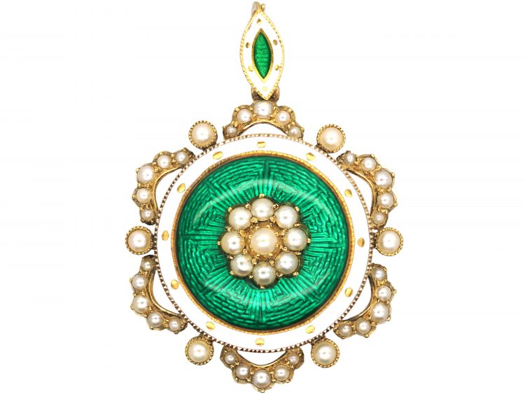 Edwardian 15ct Gold, Natural Split Pearls & Green Enamel Round Pendant with Locket Back