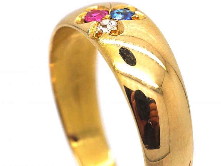 Edwardian 18ct Gold Three Leaf Clover Ring set with a Sapphire, Ruby & a Diamond
