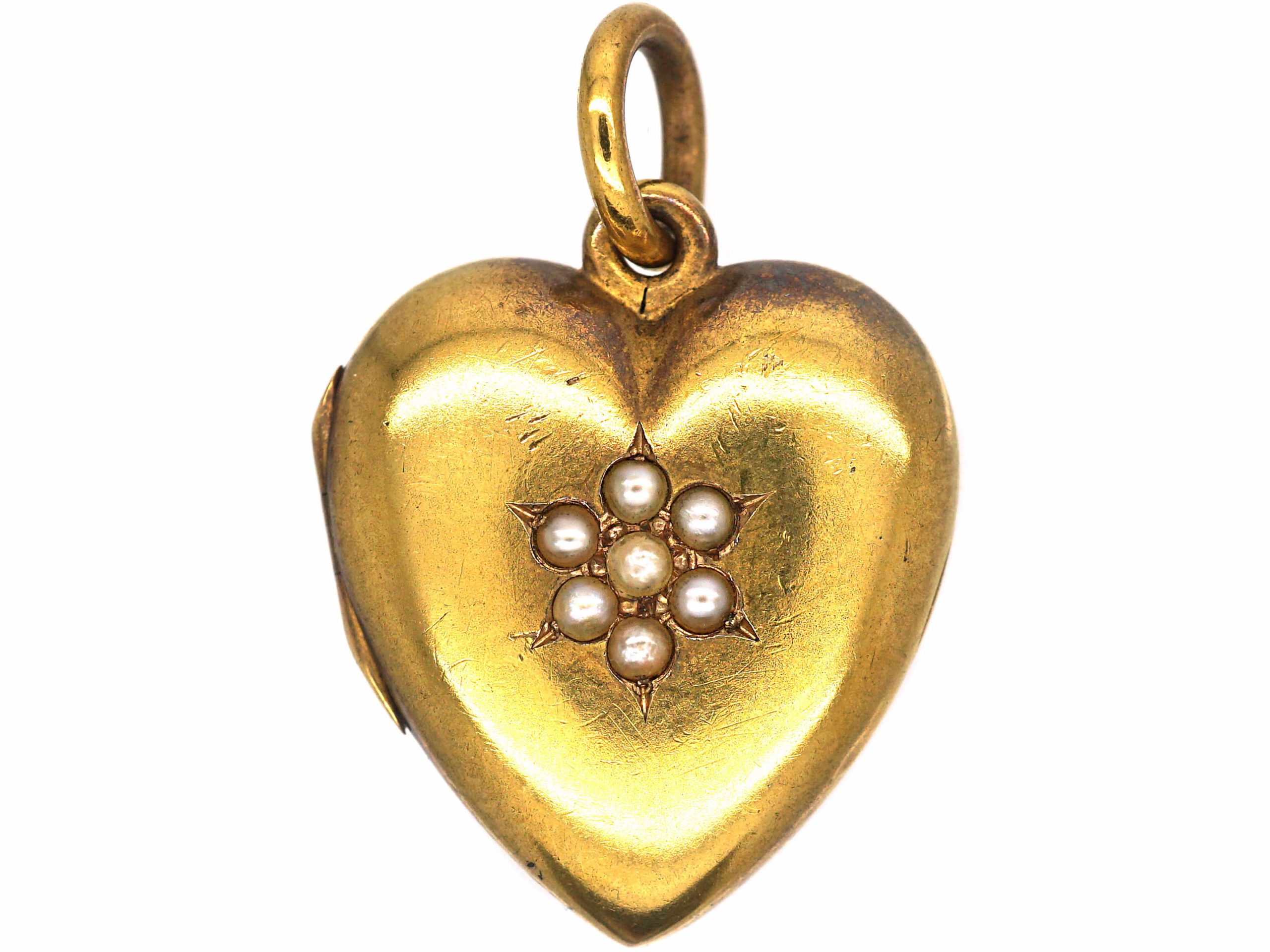 Edwardian 15ct Gold Heart Shaped Locket set with Natural Split Pearls