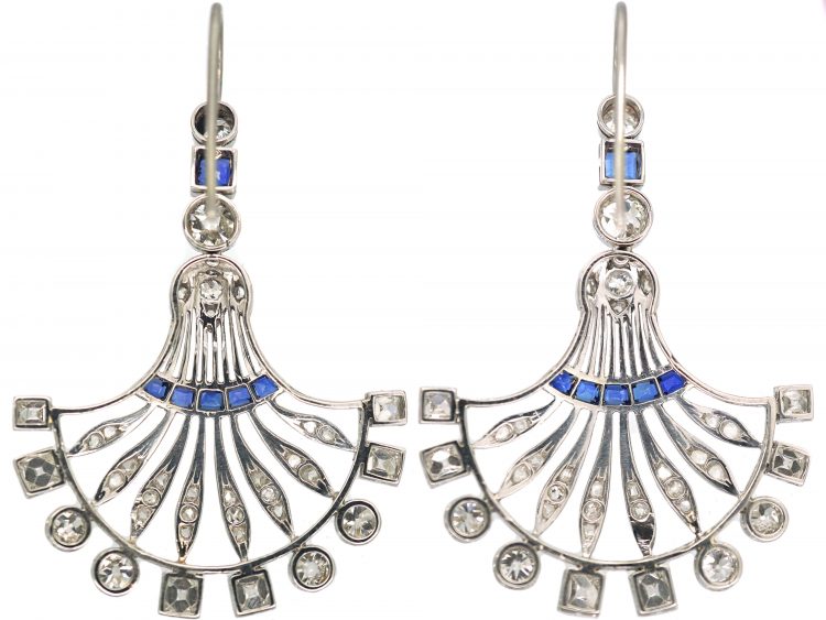 French Art Deco Platinum Fan Shaped Earrings set with Sapphires & Diamonds