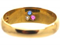 Edwardian 18ct Gold Three Leaf Clover Ring set with a Sapphire, Ruby & a Diamond