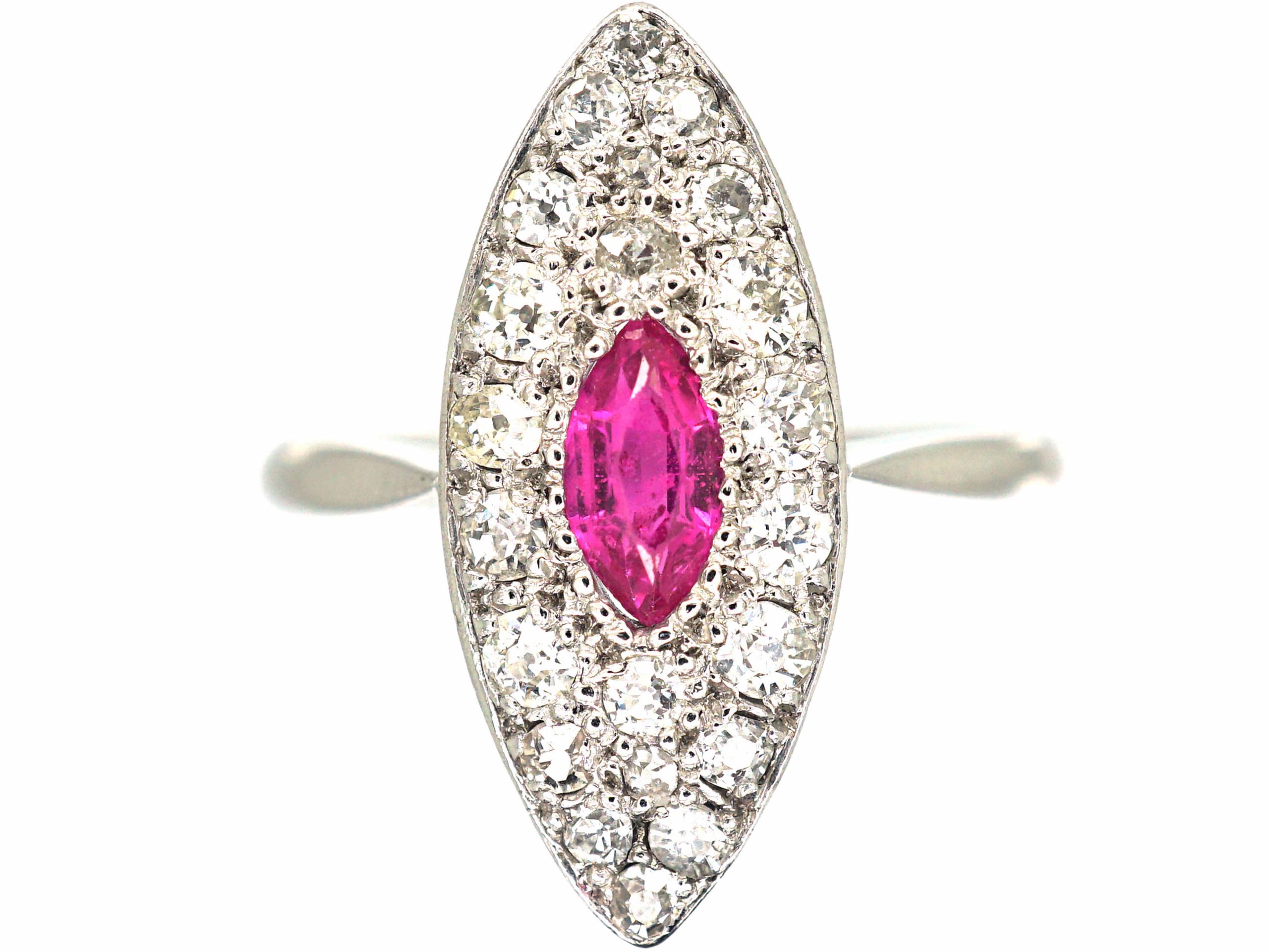 Edwardian 18ct White Gold & Platinum, Diamond & Pink Sapphire Marquise Shaped Ring