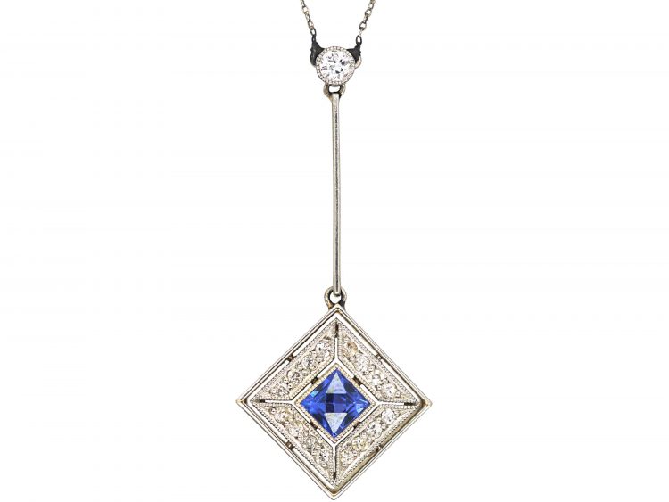 Art Deco 18ct Gold & Platinum, Sapphire & Diamond Pendant on Chain