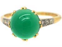 Art Deco 15ct Gold & Platinum Ring set with Green Chalcedony with Diamond set Shoulders