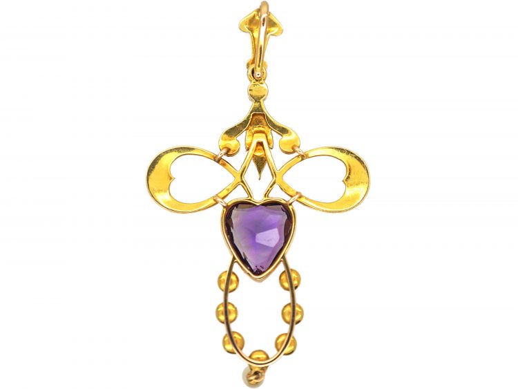 Edwardian 15ct Gold Pendant set with a Heart Shaped Amethyst & Natural Split Pearls in Original Case