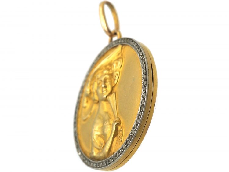 Edwardian 18ct Gold & Rose Diamond Locket with Lady with Fan
