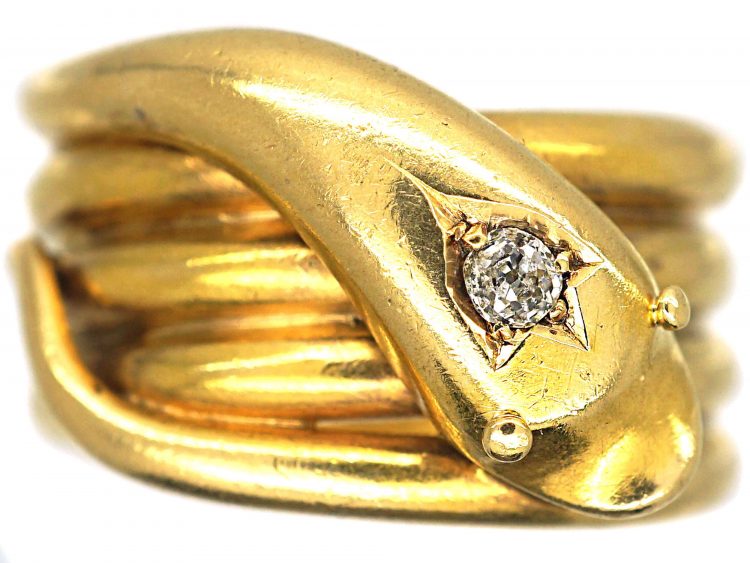 Victorian 18ct Gold Snake Ring with a Diamond in his Head