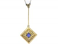 Art Deco 18ct Gold & Platinum, Sapphire & Diamond Pendant on Chain