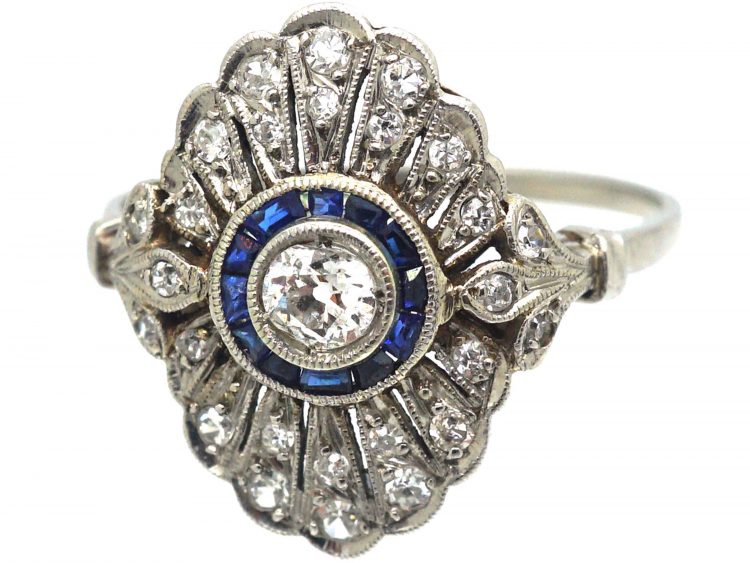 Art Deco Platinum, Sapphire & Diamond Target & Feather Style Ring