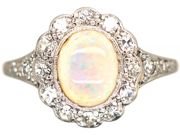 Edwardian 18ct Gold & Platinum, Opal & Diamond Cluster Ring with Diamond Set Shoulders