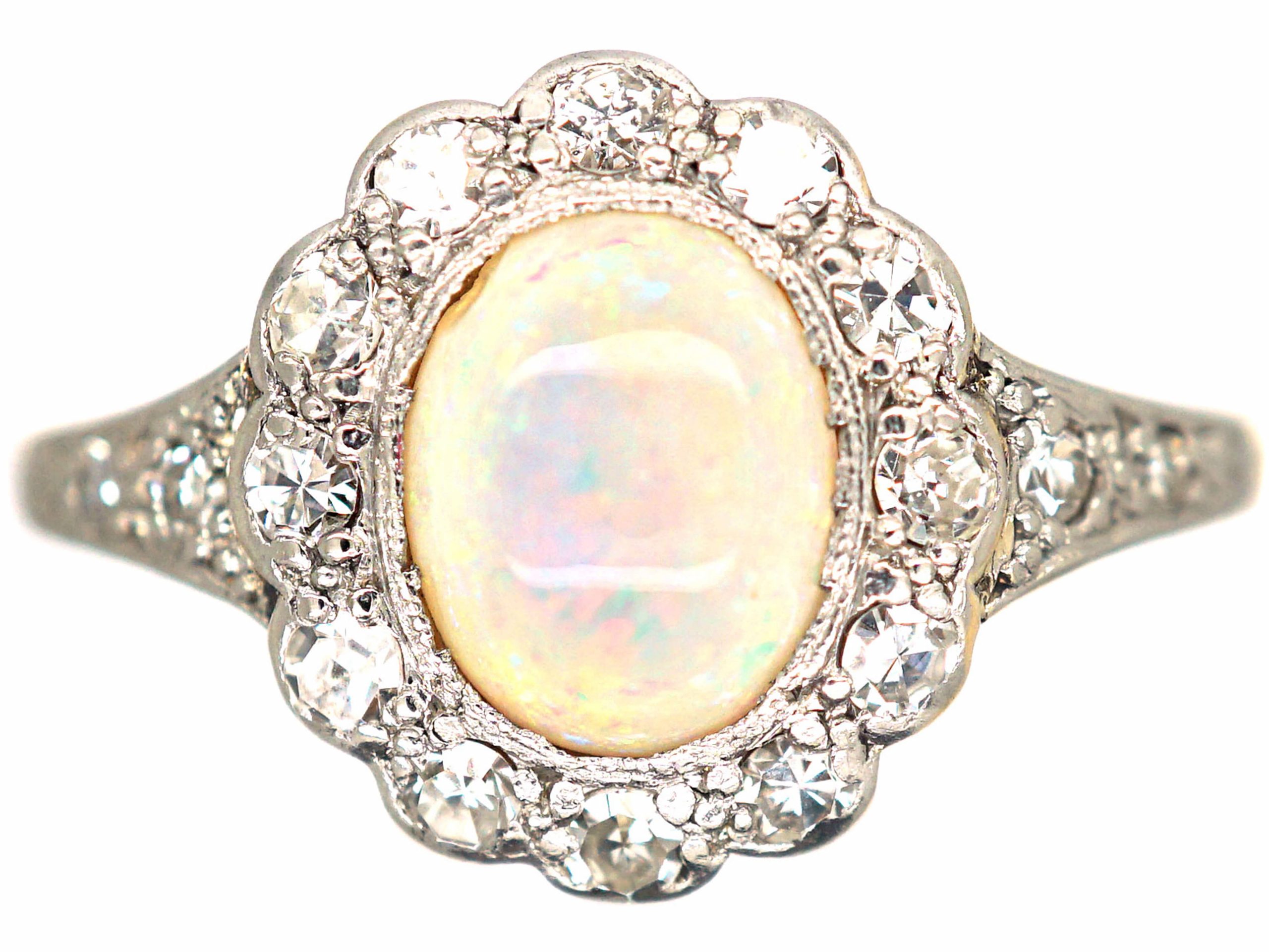 Edwardian 18ct Gold & Platinum, Opal & Diamond Cluster Ring with ...
