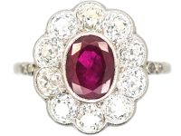 Art Deco 18ct White Gold, Burma Ruby & Diamond Oval Cluster Ring